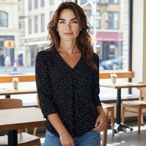 White House Black Market V-Neck Black with White Polkadots Blouse